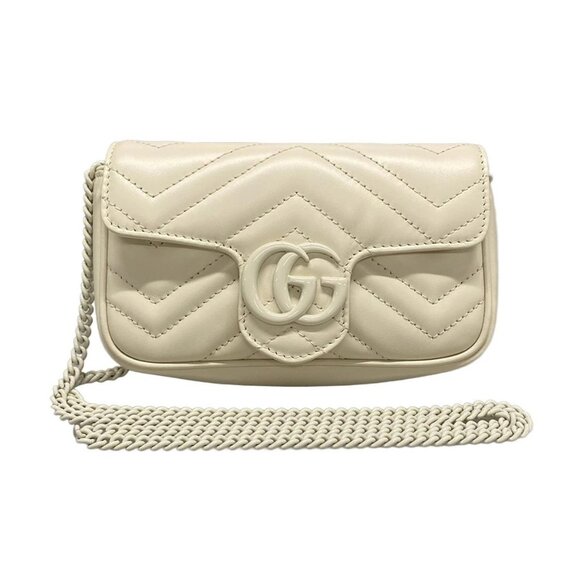 Auth GUCCI GG Marmont Quilted Leather Super Mini Bag 476433 Cream Lambskin - Picture 1 of 16
